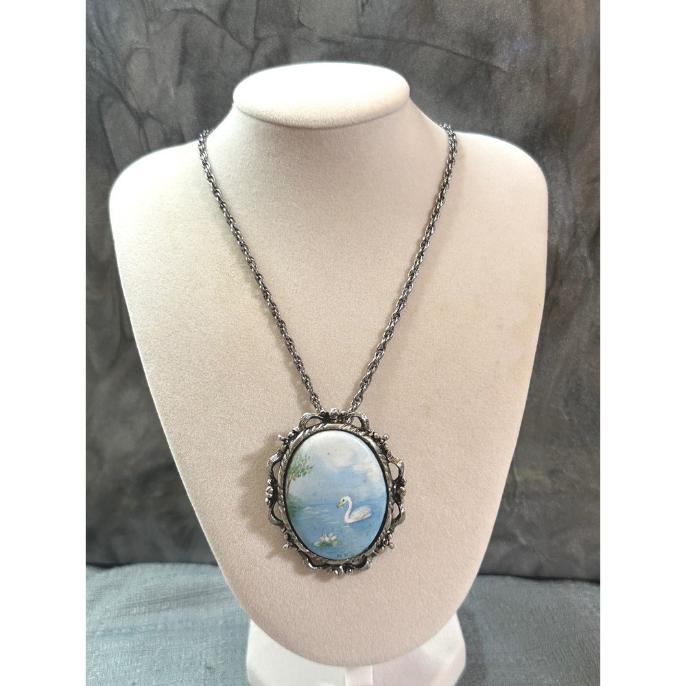 Vintage Hand Painted Porcelain Swan Pendant Brooch Necklace Silver Tone Ornate